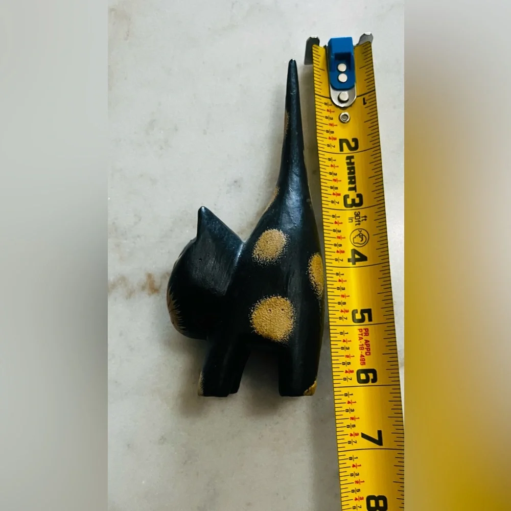 VTG Hand Carved Wooden Black Cat Figurine Folk Art Hand Painted Spotted Kitty